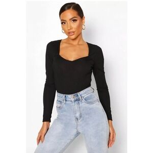 Missguided Petite NWT Black Sweetheart Neck Long Sleeve Ribbed Bodysuit, Size 8